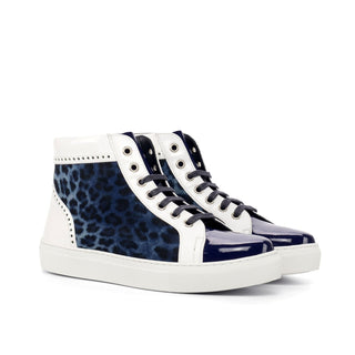 Ambrogio 4525 Bespoke Custom Women's Shoes White & Blue Fabric / Patent Leather High-Top Sneakers (AMBW1050)-AmbrogioShoes