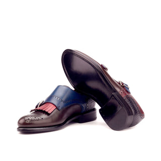 Ambrogio Bespoke Custom Women's Shoes Black, Burgundy, Red, Navy & Brown Crocodile Print / Calf-Skin Leather Kiltie Monk-Straps Loafers (AMBW1100)-AmbrogioShoes