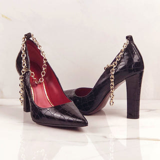 Ambrogio Bespoke Custom Women's Shoes Black Crocodile Print / Calf-Skin Leather Florence Pump (AMBW1114)-AmbrogioShoes