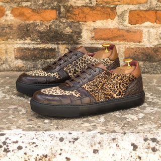 Ambrogio Bespoke Custom Women's Shoes Black & Two-Tone Brown Fabric / Crocodile Print / Polished Leather Casual Sneakers (AMBW1101)-AmbrogioShoes