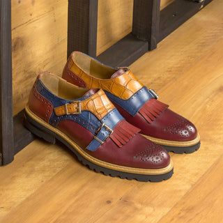 Ambrogio Bespoke Custom Women's Shoes Burgundy, Navy, Red & Cognac Calf-Skin Leather Kiltie Monk-Strap Loafers (AMBW1089)-AmbrogioShoes