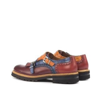 Ambrogio Bespoke Custom Women's Shoes Burgundy, Navy, Red & Cognac Calf-Skin Leather Kiltie Monk-Strap Loafers (AMBW1089)-AmbrogioShoes
