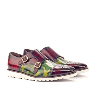 Ambrogio 3405 Bespoke Men's Shoes Brown / Burgundy / Green Patina Leather Monk-Straps Sneakers (AMB1251)-AmbrogioShoes
