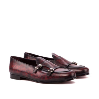 Ambrogio 3535 Bespoke Men's Shoes Burgundy Patina Leather Monk-Straps Slip-On Loafers (AMB1265)-AmbrogioShoes