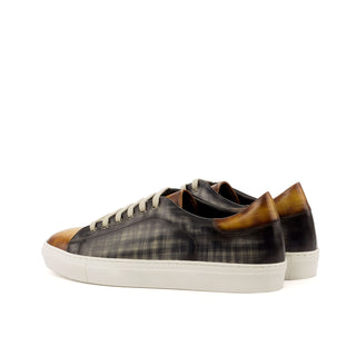 Ambrogio 3562 Bespoke Men's Shoes Gray & Cognac Box Patina Leather Casual Sneakers (AMB1266)-AmbrogioShoes