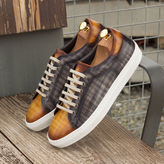 Ambrogio 3562 Bespoke Men's Shoes Gray & Cognac Box Patina Leather Casual Sneakers (AMB1266)-AmbrogioShoes