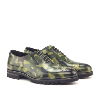 Ambrogio 2896 Bespoke Men's Shoes Khaki Green Camo Patina Leather Dress Oxfords (AMB1303)-AmbrogioShoes