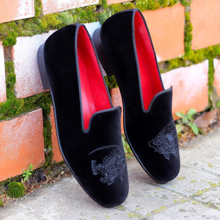 Ambrogio 1903 Bespoke Custom Men's Shoes Black Velvet Wellington Loafers (AMB1775)-AmbrogioShoes