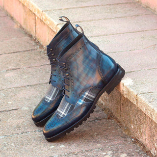 Ambrogio 2928 Bespoke Custom Men's Shoes Blue Combination Fabric / Patina Leather Military Brogue Boots (AMB1410)-AmbrogioShoes