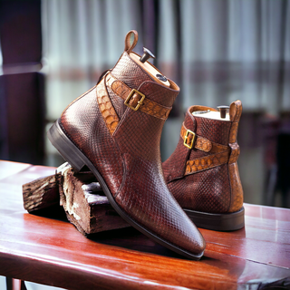 Ambrogio Bespoke Men's Handmade Custom Shoes Burgundy & Brown Exotic Snake-Skin Jodhpur Boots (AMB1787)-AmbrogioShoes
