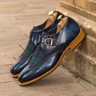 Ambrogio 4272 Bespoke Custom Men's Shoes Denim Blue & Green Fabric / Patina Leather Monk-Straps Loafers (AMB1429)-AmbrogioShoes
