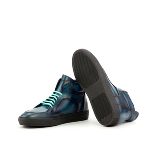 Ambrogio 3622 Bespoke Custom Men's Shoes Denim Blue Patina Leather High-Top Sneakers (AMB1462)-AmbrogioShoes