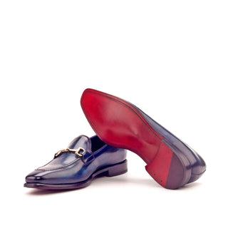 Ambrogio 2967 Bespoke Custom Men's Shoes Denim Blue Patina Leather Horsebit Loafers (AMB1408)-AmbrogioShoes