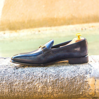 Ambrogio 2967 Bespoke Custom Men's Shoes Denim Blue Patina Leather Horsebit Loafers (AMB1408)-AmbrogioShoes