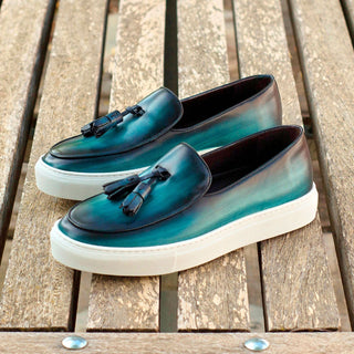 Ambrogio 4187 Bespoke Custom Men's Shoes Denim Blue & Turquoise Patina Leather Belgian Sneakers (AMB1382)-AmbrogioShoes