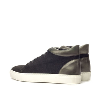 Ambrogio 3412 Bespoke Custom Men's Shoes Gray & Black Linen / Calf-Skin Leather High-Top Sneakers (AMB1386)-AmbrogioShoes