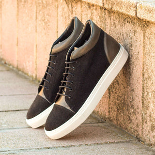 Ambrogio 3412 Bespoke Custom Men's Shoes Gray & Black Linen / Calf-Skin Leather High-Top Sneakers (AMB1386)-AmbrogioShoes