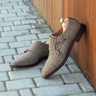 Ambrogio 2608 Bespoke Custom Men's Shoes Three Tone Tweed Sartorial / Polished Calf-Skin Leather Monk-Straps Loafers (AMB1361)-AmbrogioShoes