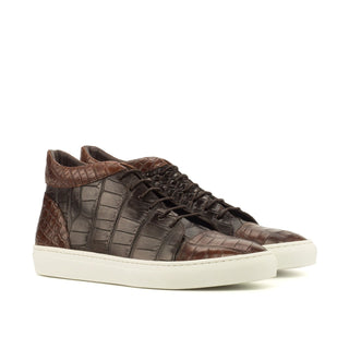 Ambrogio 3700 Bespoke Custom Men's Shoes Two Tone Brown Exotic Alligator Casual Sneakers (AMB1439)-AmbrogioShoes