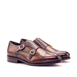 Ambrogio 3366 Bespoke Custom Men's Shoes Two Tone Brown Polished Calf-Skin / Patina Leather Monk-Straps Loafers (AMB1467)-AmbrogioShoes