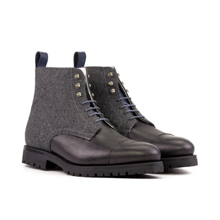 Ambrogio Bespoke Men's Shoes Black & Gray Flannel Fabric / Full Grain Leather Jumper Boots (AMB2410)-AmbrogioShoes