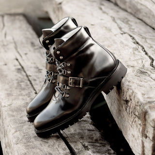 Ambrogio Bespoke Men's Shoes Black Polished Calf-Skin Leather Hiking Boots (AMB2237)-AmbrogioShoes
