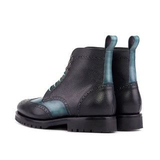 Ambrogio Bespoke Men's Shoes Black & Turquoise Full Grain / Patina Leather Military Wingtip Boots (AMB2504)-AmbrogioShoes