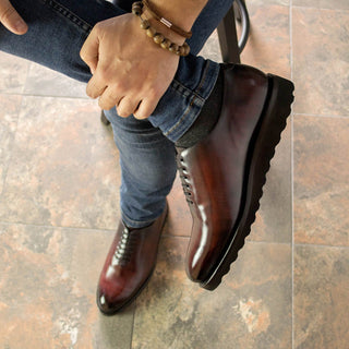 Ambrogio Bespoke Men's Shoes Burgundy Patina Leather Whole-Cut Oxfords (AMB2369)-AmbrogioShoes