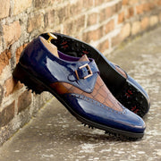Ambrogio Bespoke Men's Shoes Cobalt Blue & Brown Crocodile Print / Patent Leather Monk-Strap Golf Loafers (AMB2267)-AmbrogioShoes
