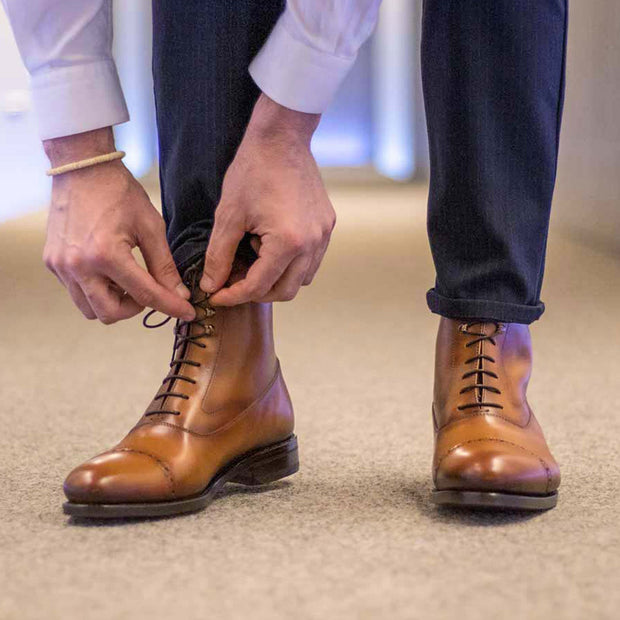 Ambrogio Bespoke Men's Shoes Cognac Calf-Skin Leather Balmoral Boots (AMB2334)-AmbrogioShoes