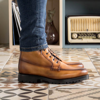 Ambrogio Bespoke Men's Shoes Cognac Calf-Skin Leather Moccasin Boots (AMB2412)-AmbrogioShoes