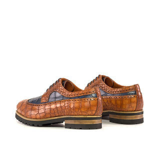 Ambrogio Bespoke Men's Shoes Cognac & Navy Crocodile Print Leather Longwing Blucher Oxfords (AMB2343)-AmbrogioShoes