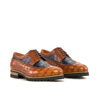 Ambrogio Bespoke Men's Shoes Cognac & Navy Crocodile Print Leather Longwing Blucher Oxfords (AMB2343)-AmbrogioShoes