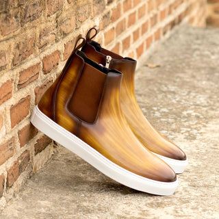 Ambrogio Bespoke Men's Shoes Cognac Patina Leather Casual Chelsea Sneakers (AMB2235)-AmbrogioShoes