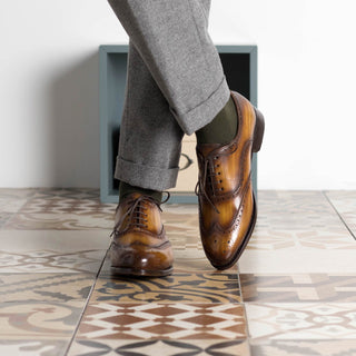 Ambrogio Bespoke Men's Shoes Cognac Patina Leather Wingtip Oxfords (AMB2436)-AmbrogioShoes
