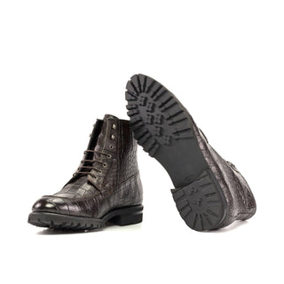 Ambrogio Bespoke Men's Shoes Dark Brown Crocodile Print Leather Moccasin Boots (AMB2346)-AmbrogioShoes