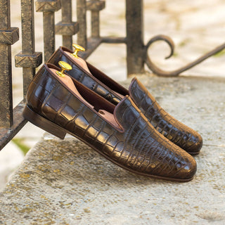 Ambrogio Bespoke Men's Shoes Dark Brown Exotic Alligator Dress Weliington Loafers (AMB2240)-AmbrogioShoes