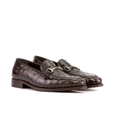 Ambrogio Bespoke Men's Shoes Dark Brown Exotic Ostrich Skin Horsebit Loafers (AMB2432)-AmbrogioShoes