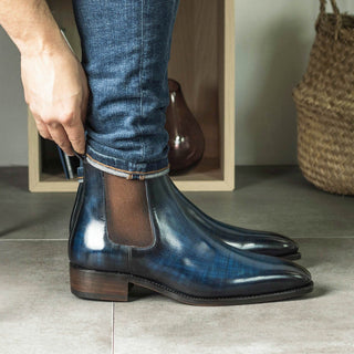 Ambrogio Bespoke Men's Shoes Denim Patina Leather Chelsea Boots (AMB2308)-AmbrogioShoes