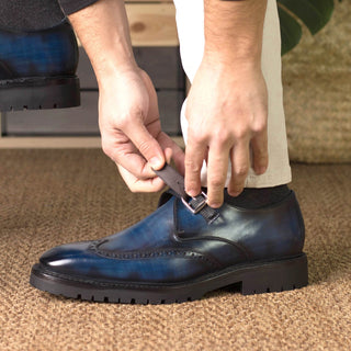 Ambrogio Bespoke Men's Shoes Denim Patina Leather Monk-Strap Loafers (AMB2409)-AmbrogioShoes