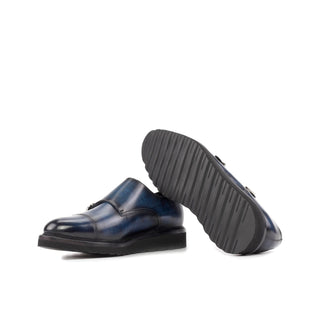 Ambrogio Bespoke Men's Shoes Denim Patina Leather Monk-Straps Loafers (AMB2408)-AmbrogioShoes