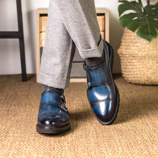 Ambrogio Bespoke Men's Shoes Denim Patina Leather Monk-Straps Loafers (AMB2408)-AmbrogioShoes