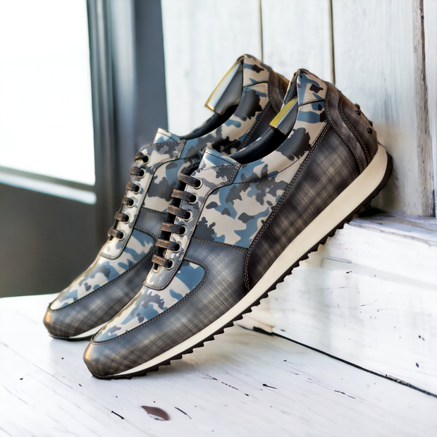 Ambrogio Bespoke Men's Shoes Gray & Denim Patina Leather Corsini Sneakers (AMB2475)-AmbrogioShoes