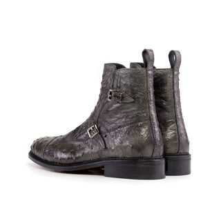 Ambrogio Bespoke Men's Shoes Gray Exotic Ostrich Octavian Buckle Boots (AMB2493)-AmbrogioShoes