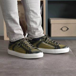 Ambrogio Bespoke Men's Shoes Khaki Patina Leather Trainer Sneakers (AMB2453)-AmbrogioShoes