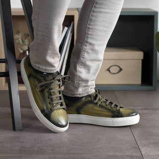 Ambrogio Bespoke Men's Shoes Khaki Patina Leather Trainer Sneakers (AMB2453)-AmbrogioShoes