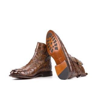 Ambrogio Bespoke Men's Shoes Medium Brown Exotic Ostrich Jodhpur Boots (AMB2497)-AmbrogioShoes