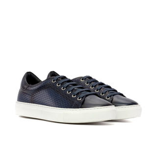 Ambrogio Bespoke Men's Shoes Navy Calf-Skin / Woven Leather Trainer Sneakers (AMB2479)-AmbrogioShoes