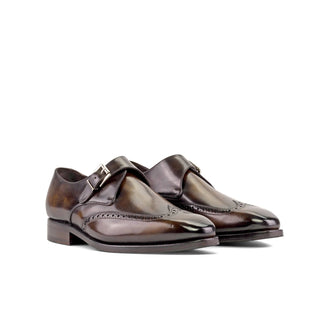Ambrogio Bespoke Men's Shoes Tobacco Patina Leather Wingtip Monk-Straps Loafers (AMB2307)-AmbrogioShoes