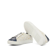 Ambrogio Bespoke Men's Shoes White & Navy Crocodile Print / Calf-Skin Leather Trainer Sneakers (AMB2238)-AmbrogioShoes